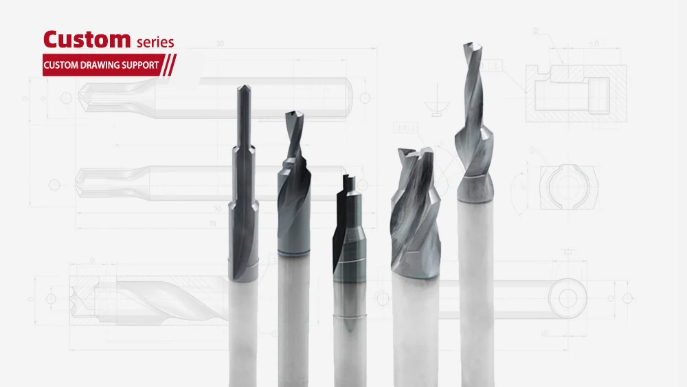 Custom cutting tools with assorted drill and end mill geometries